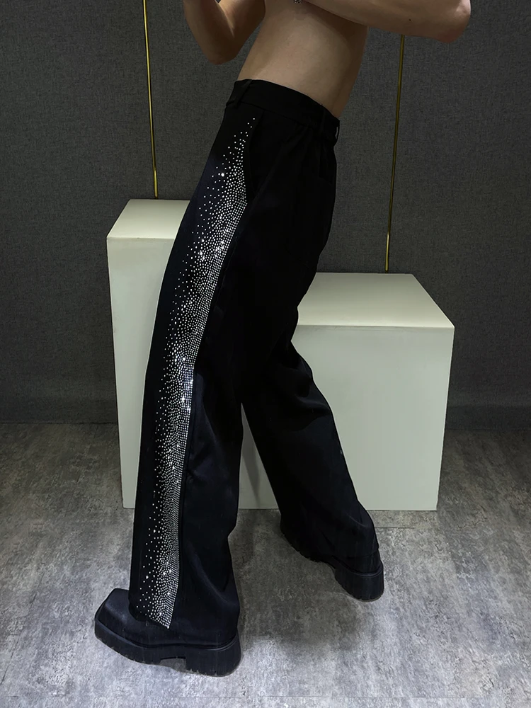 Men's 2024 Autumn Full Body Hot Diamonds Black Chic Casual Pants Men's High-end Fashion Trendy Loose High Street Wide-leg Pants