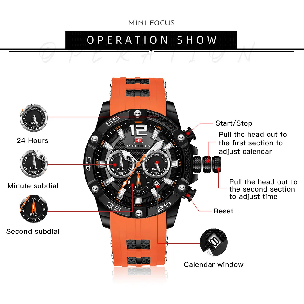 MINI FOCUS Luxury Brand Men\'s Watches Three Eyes Design Fashionable Sporty Silicone Strap Waterproof Date Quartz Watch for Men