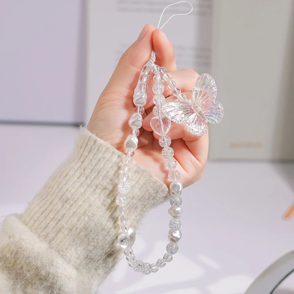 Gelang Antihilang Rantai Ponsel Busur Mutiara Kupu-kupu Merah Muda untuk Casing Ponsel Tali Pergelangan Tangan Gantungan Kunci Ponsel Rantai Portabel