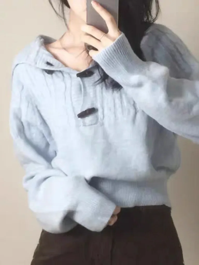 

Chic Autumn Winter Anti-Aging Faionable f Open Button Hooded Tweed Knitwear Women Long Sve Soft Korean Sle Warm Coat