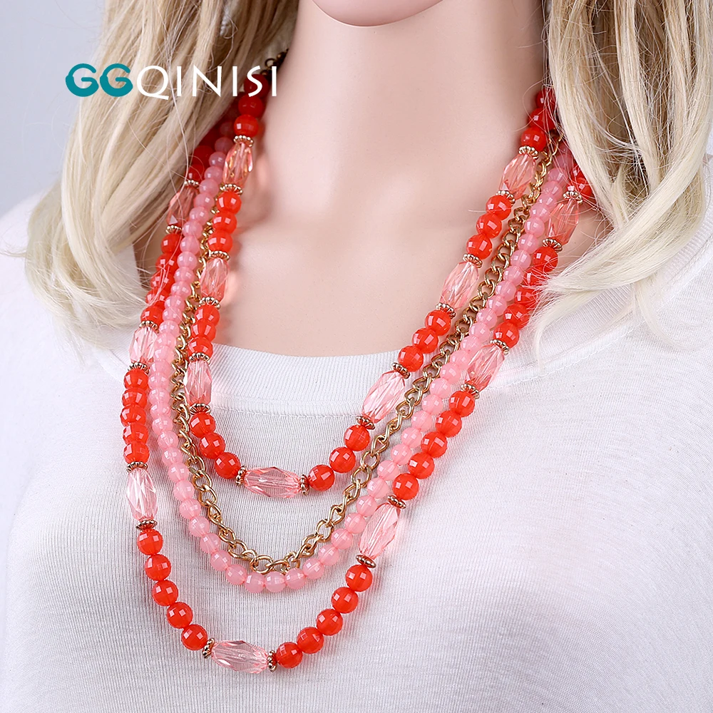 GGQINISI Red Color Acrylic Beaded Long Chains Layers Statement Necklace Jewelry Sets for Women Party Accessory