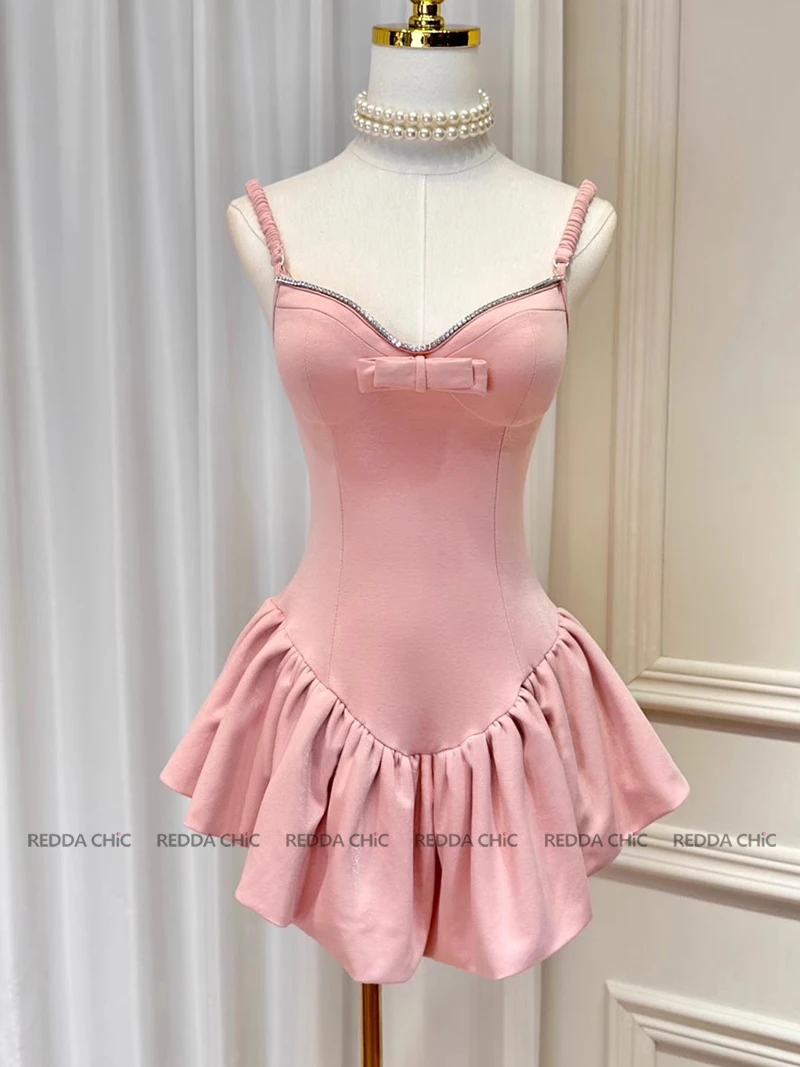 REDDACHiC Women Blush Mini Dress with Bloomers Diamond Sweetheart Bow Decor Princess Puffy Ruffle Rompers One-piece Cami Dresses