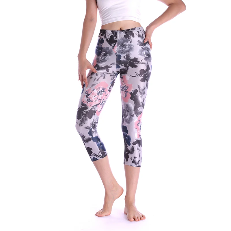 Celana Motif Capris Kualitas Tinggi Wanita Legging Fitness Wanita Bunga Pinggang Tinggi Legging Pendek Ramping Elastis Ketujuh