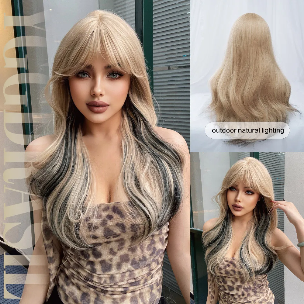 

26Inch Luxurious Blonde Highlights Black Synthetic Wigs With Bangs Long Natural Wavy Hair Wig For Women Party Heat Resistant