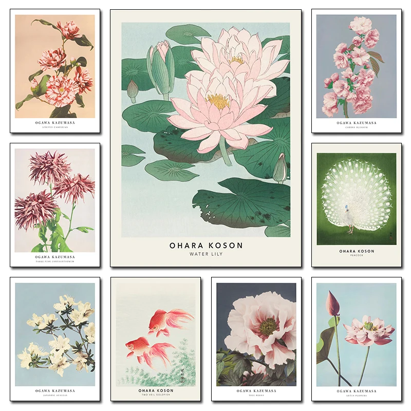 Ogawa Kazumasa Pink Cherry Blossom Flowers Canvas Prints Botanical Art Antique Japanese Floral Painting Poster Home Room Deco