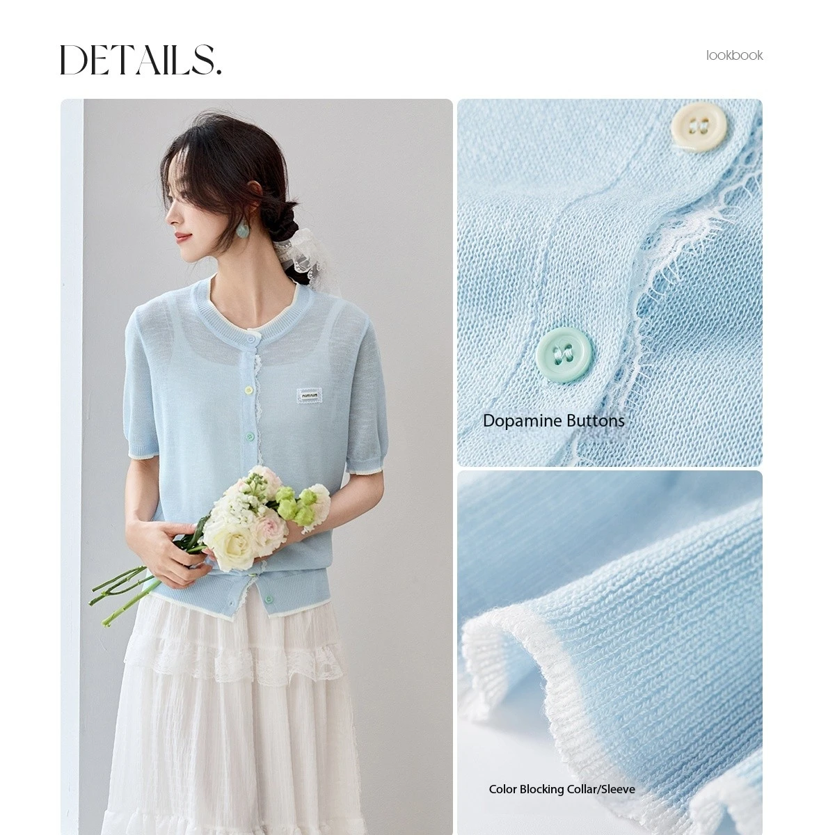 เสื้อคาร์ดิแกนแขนสั้นสำหรับฤดูร้อน SENTUBILA รุ่นปี 2025 สไตล์เกาหลี ตกแต่งกระดุมและลูกไม้ เสื้อถักลำลอง รุ่น W52HB1834