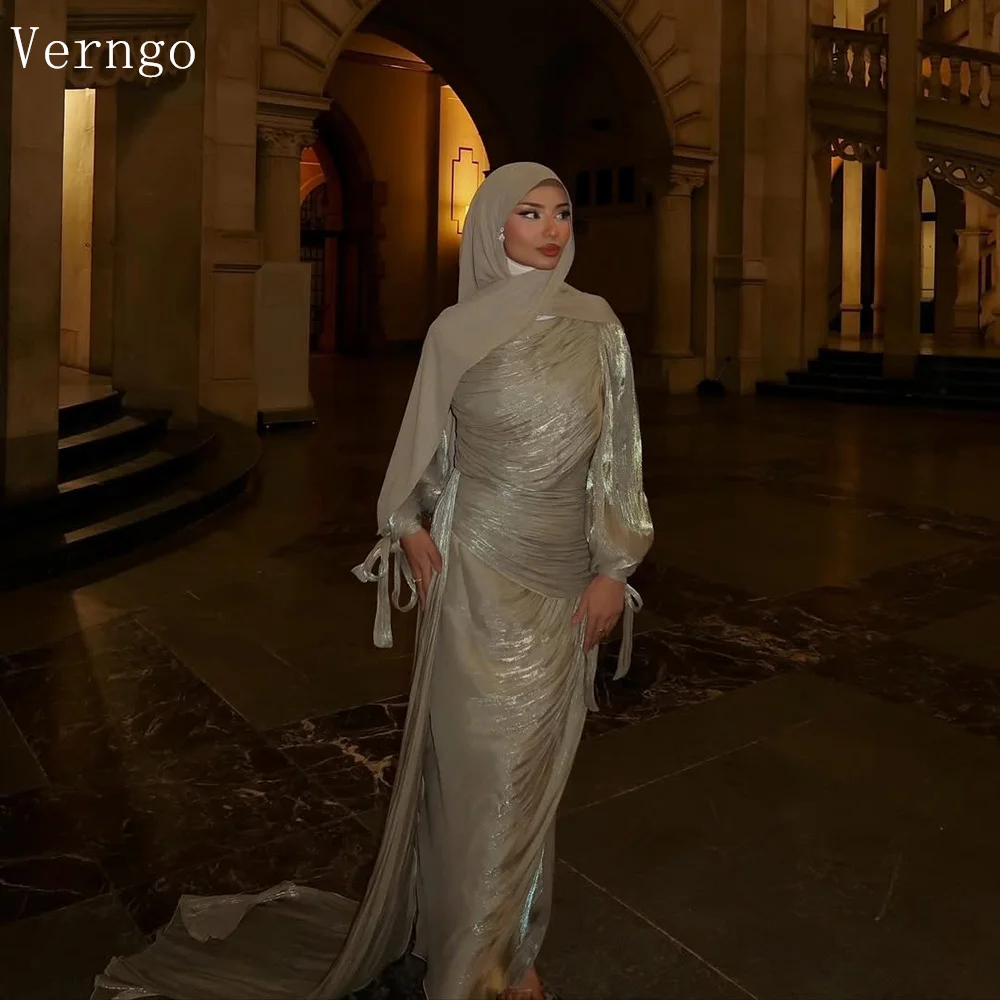 

Verngo Dark Green Shiny Satin Evening Dress High Neck Full Sleeves A Line Formal Occasion Dress Modest Prom Gowns Customized