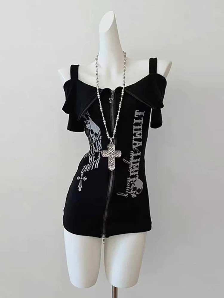 القوطية الأسود Y2K ثقافة فرعية الجمجمة طباعة البريدي معطف المرأة اليابانية سليم مخطط هوديي بلايز عادية موضة ملابس الشارع الشهير جديد