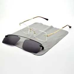 Frameless Men With Magnet Adsorption Clip On Myopia Gold Prescription Eyeglasses Lens Rimless Glasses Frame Silver Sunglasses