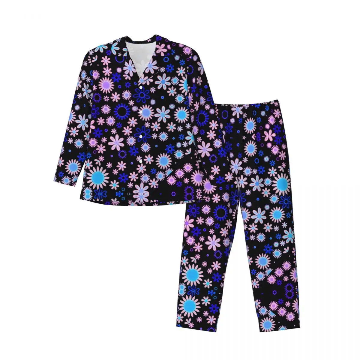 Flower Power Sleepwear Autumn Retro 70s Style Casual Oversized Pajama Set Male Long Sleeve Soft Bedroom Design Nightwear