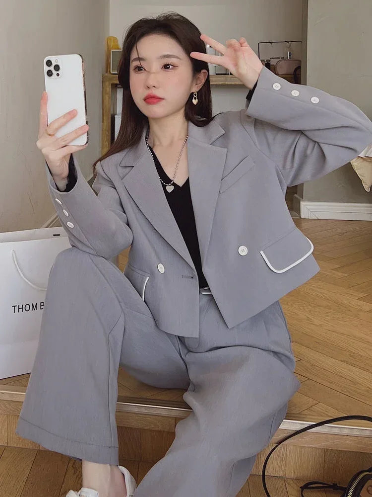 Insozkdg Women Blazers Sets Office Lady Simple Retro Harajuku Korean Vintage Streetwear Leisure Classic Solid 2-piece Set Women