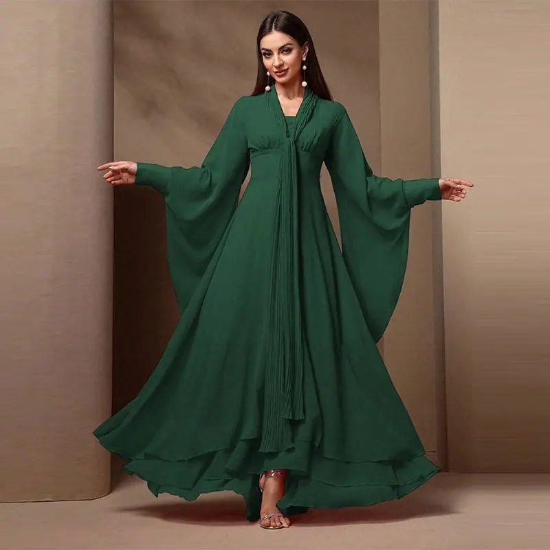 Elegant Chiffon Dress Fashion Birthday Party Banquet Gown High Waist Lantern Sleeve Drawstring Polyester Fiber Long Skirt