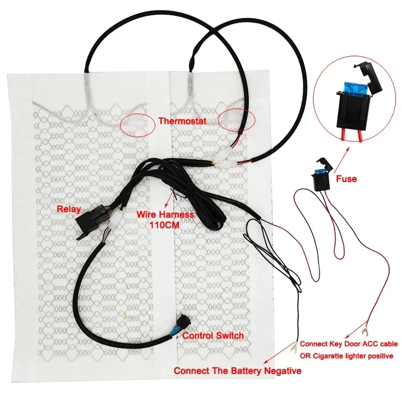 Universal Built-in Car Seat Heater Kit with 12V 23W Carbon Fiber Heating Pads 52x28cm and Hi-Lo Round Switch