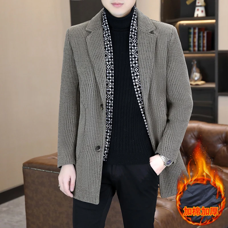 

Autumn Winter Striped Woolen Jackets Men Mid Length Trench Coat Thickened Warm Windbreaker Casual Business Scarf Overcoat
