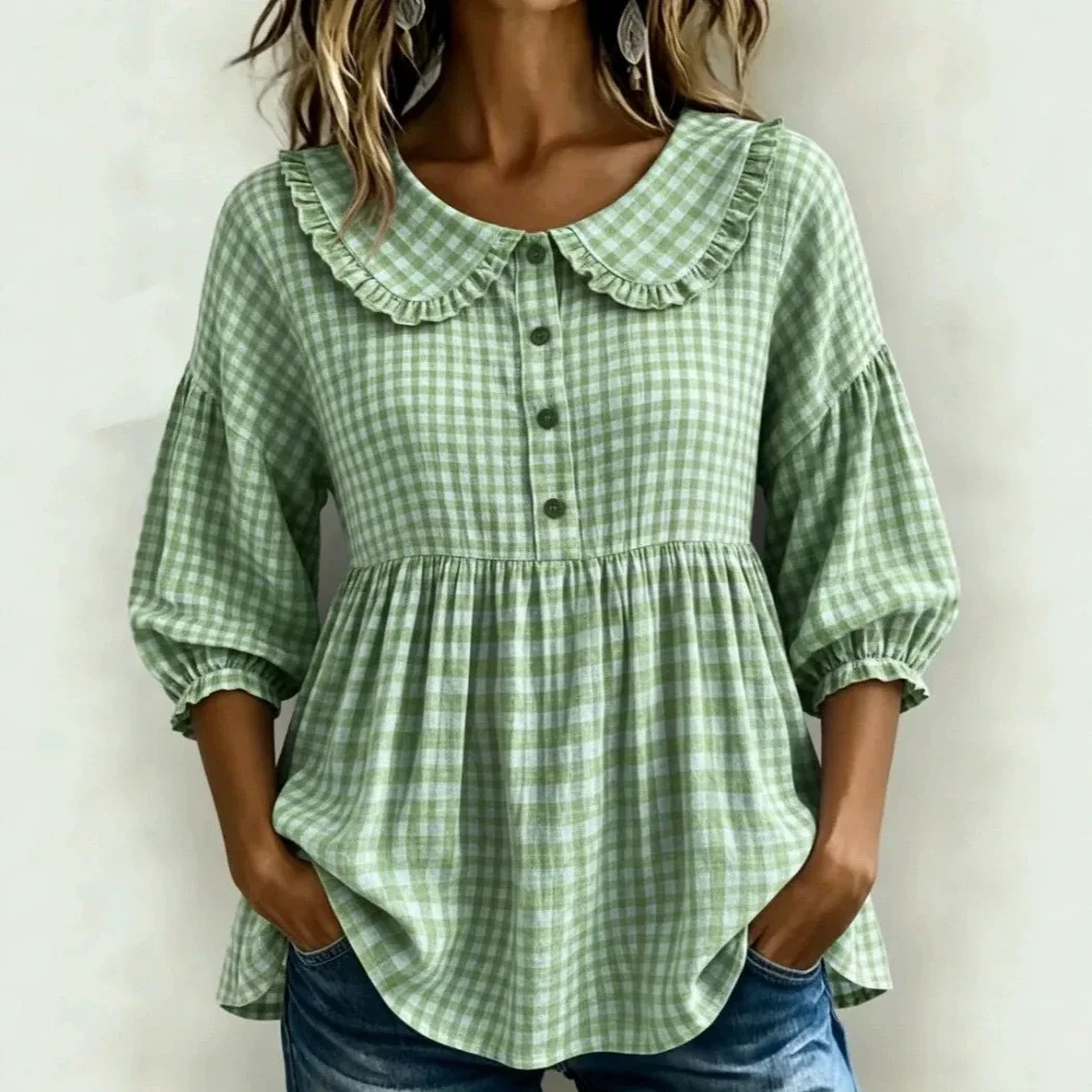 2026 New Women's short Sleeve Plaid Patterned Doll Collar Buttoned Overhead Shirt Street Style Comfortable Casual
