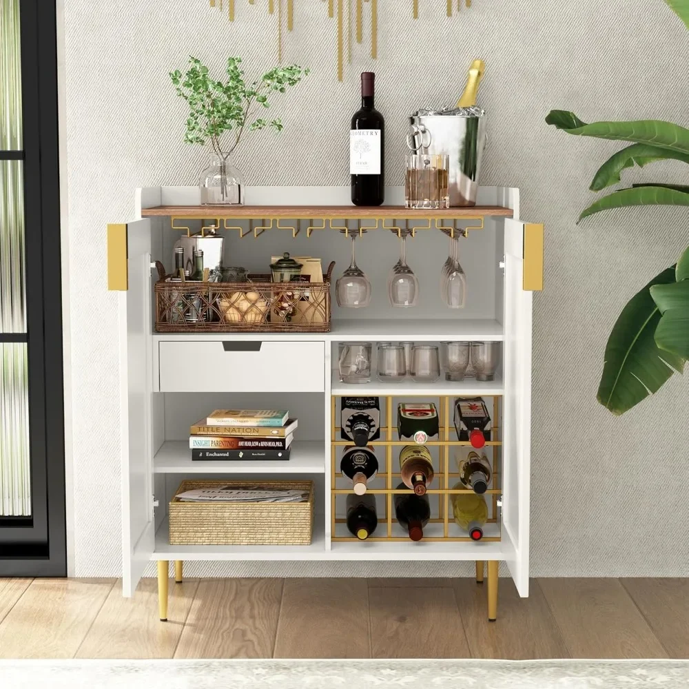 Wine Bar Cabinet with Fluted Texture, Modern Coffee Cabinet with Wine Rack&Glass Holder, White Kitchen Buffet Sideboard