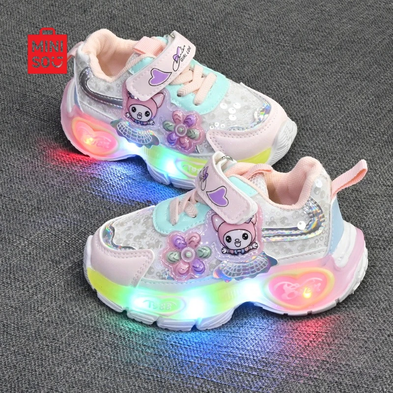 

Miniso 2025 Kuromi Girls Sneakers, Light-Up Cartoon Platform Shoes for Kids Cute Fashion Trend