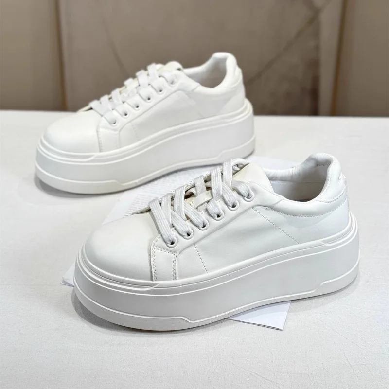 

Autumn Genuine Leather Thick-Soled White Shoes Height-Increasing Casual Shoes Versatile Design Lace-Up Casual Women's Sneakers