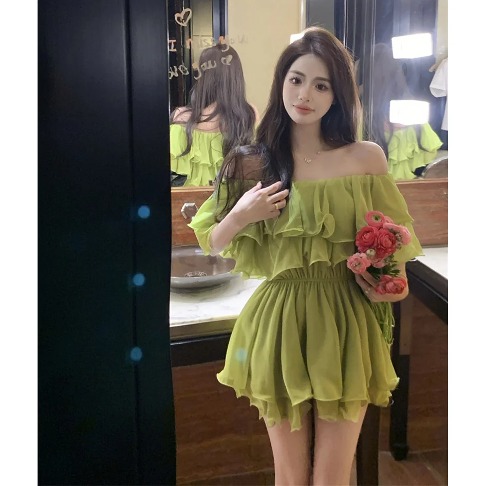 Korejepo Sweet Spice Girl Shoulder Short Sleeve Chiffon Dress Women Sexy Waist Premium Temperament Dresses Vestido 2024 Fashion