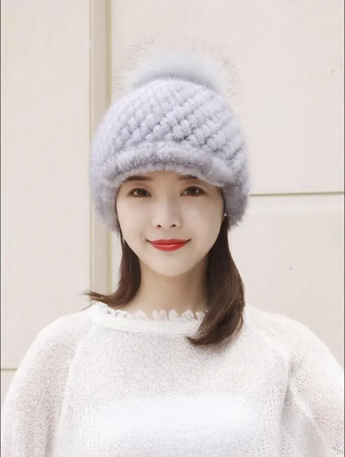 Genuine MInk Fur Hat Knitted Handmade Thick Winter Warm Baseball Cap Fashion Peaked Cap