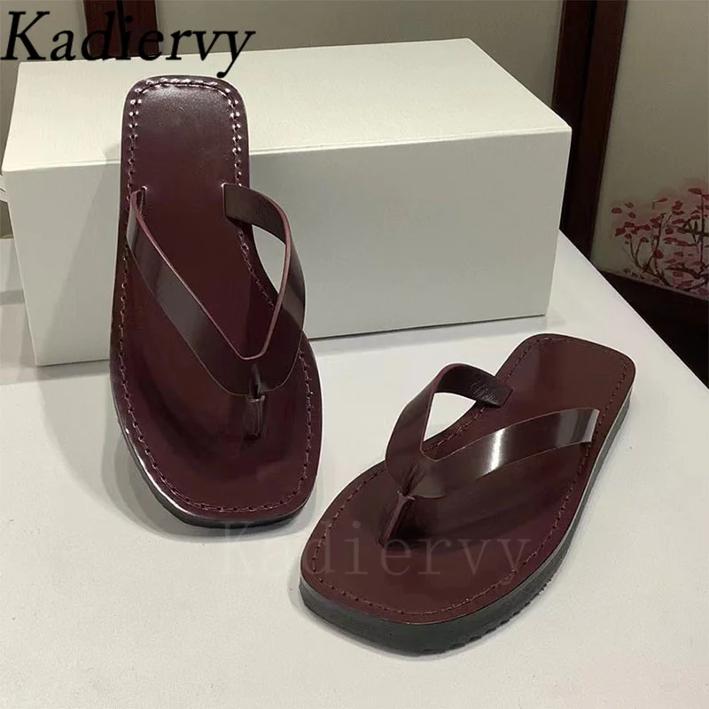 Summer Slippers Women Flip Flop Genuine Leather Holidays Beach Shoes Woman Flat Slides Black Wine Red Flat Slippers Woman