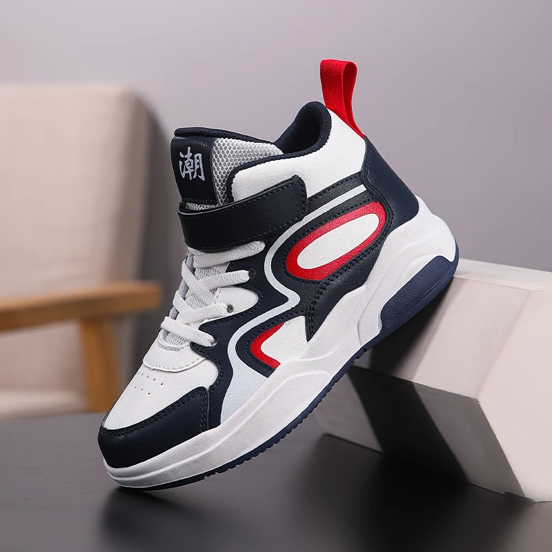 Picture 4: Boys Girls High‑top Casual Sneakers Trendy Children Skateboarding Shoes PU Leather Magic Tape Comfortable Non‑Slip Kid Sport Sho