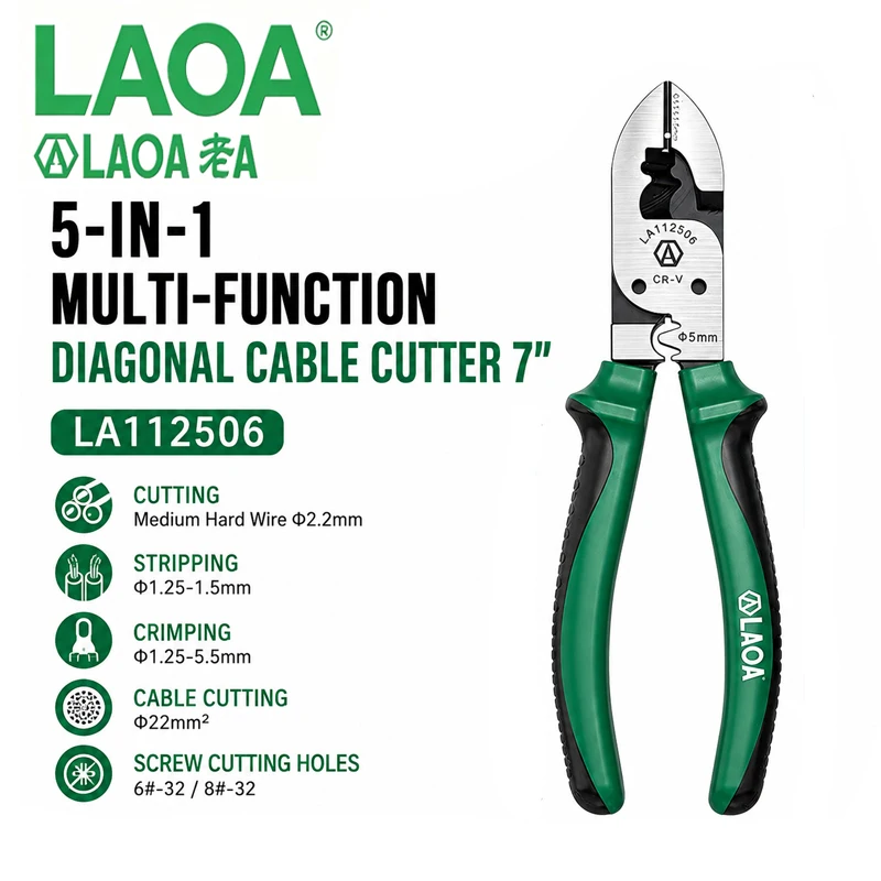 LAOA LA112506 7 Inch 5‑in‑1 Multi‑Function Diagonal Cable Cutter, Wire Stripper Crimper Cutting Pliers Electrician Hand Tool