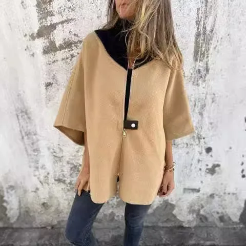 

Casual Solid Splicing Jacket For Women Loose Stand Up Collar Zipper Three-quarter Sleeve Coat Autumn Lady New Woolen Jacket