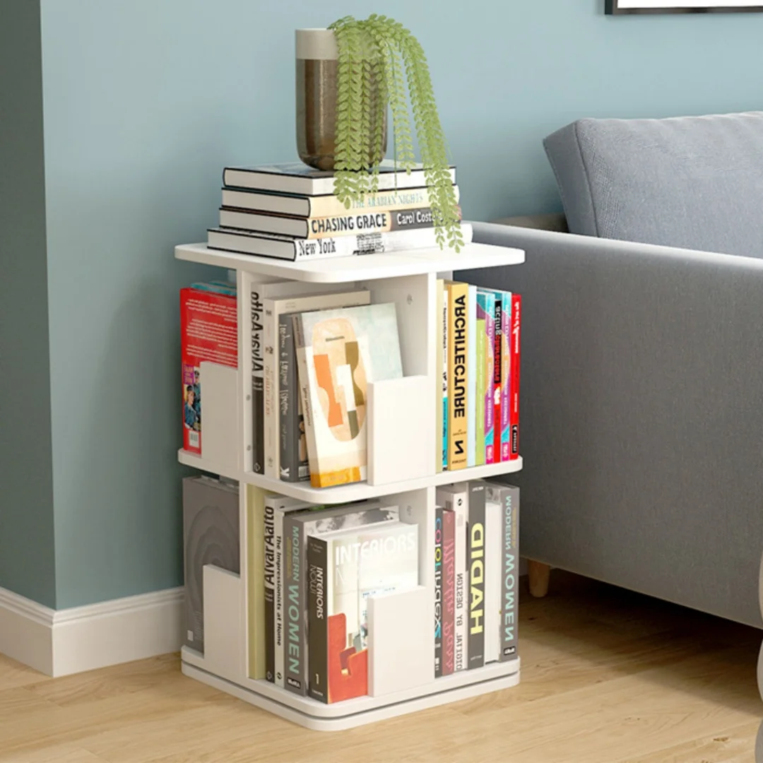 

Modern Corner Bookshelf with 2 Square Rotating Tiers, 360° Swivel Display Stand Office Living Room, Home Decor Storage Organizer