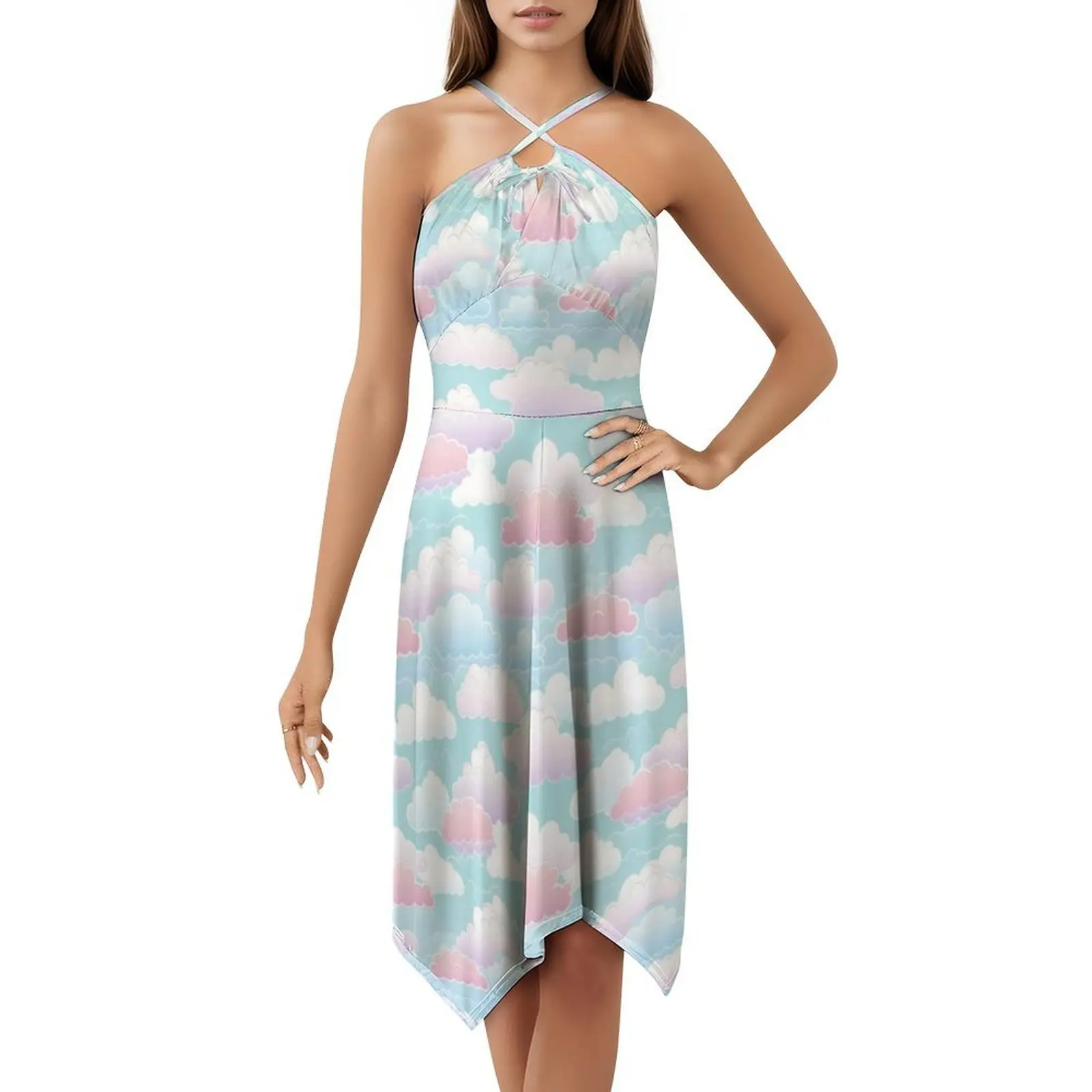 فستان بوهو أنيق بنمط الغيوم الملونة الناعمة، فستان أنيق لحفلات الزفاف على الشاطئ، نمط على شكل سحابة، مسائية ناعمة باستيل #5