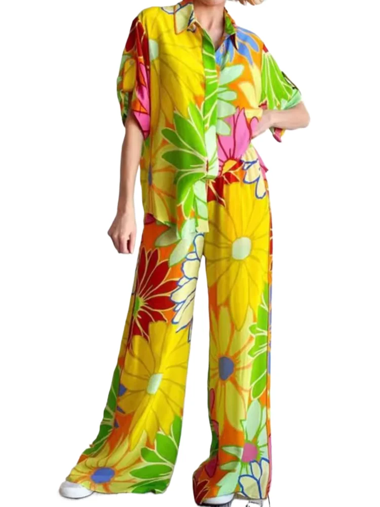 

Casual Printed Loose Two Piece Set Summer Fashion Beach Vacation Short Sleeves Shirts Top And High Waist Wide Leg Pants 2 Sets