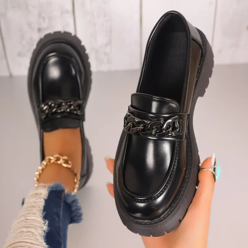 Women's Chunky Platform Loafers Round Toe Block Mid Heel Slip on Metal Look Chain Decor Glossy Finish Casual Everyday Footwear