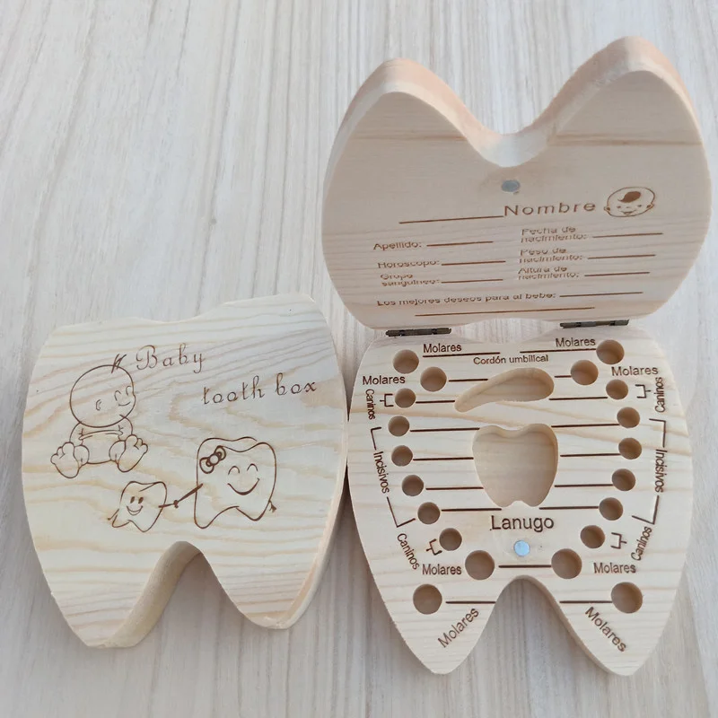 Baby Tooth Box English/ Spanish Wooden Boys Girls Deciduous Teeth Storage Case Baby Teeth Collect Souvenirs Gift Keepsakes