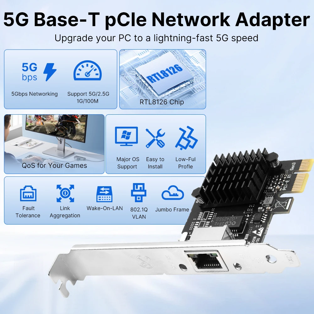 بطاقة شبكة PCIe 5Gbps RTL8126 رقاقة 5000Mbps محول إيثرنت لـ PCIe x1 x4 x8 x16 فتحات ألعاب الكمبيوتر المكتبي سهلة الإعداد