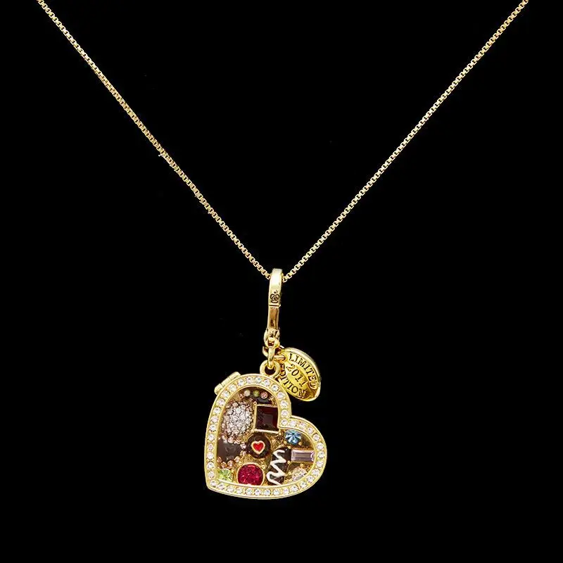 Cute And Sweet Zircon Enamel Chocolate Heart Openable Gift Box Pendant Necklace Fashion Clavicle Neck Chain