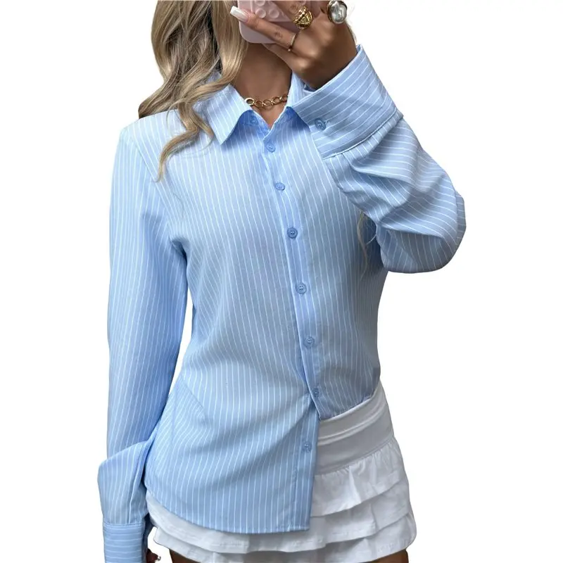

CYL-Women's Button-Down Shirt Long Sleeve Casual Lapel Shirt Work Striped Top Y2K Striped Shirt Blue S