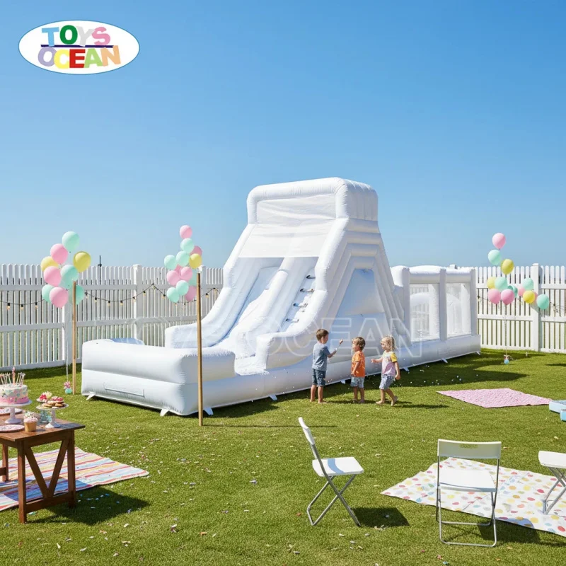 White Inflatable Water Slide with Long Slip N Slide, Minimalist Water Park Slide for Party