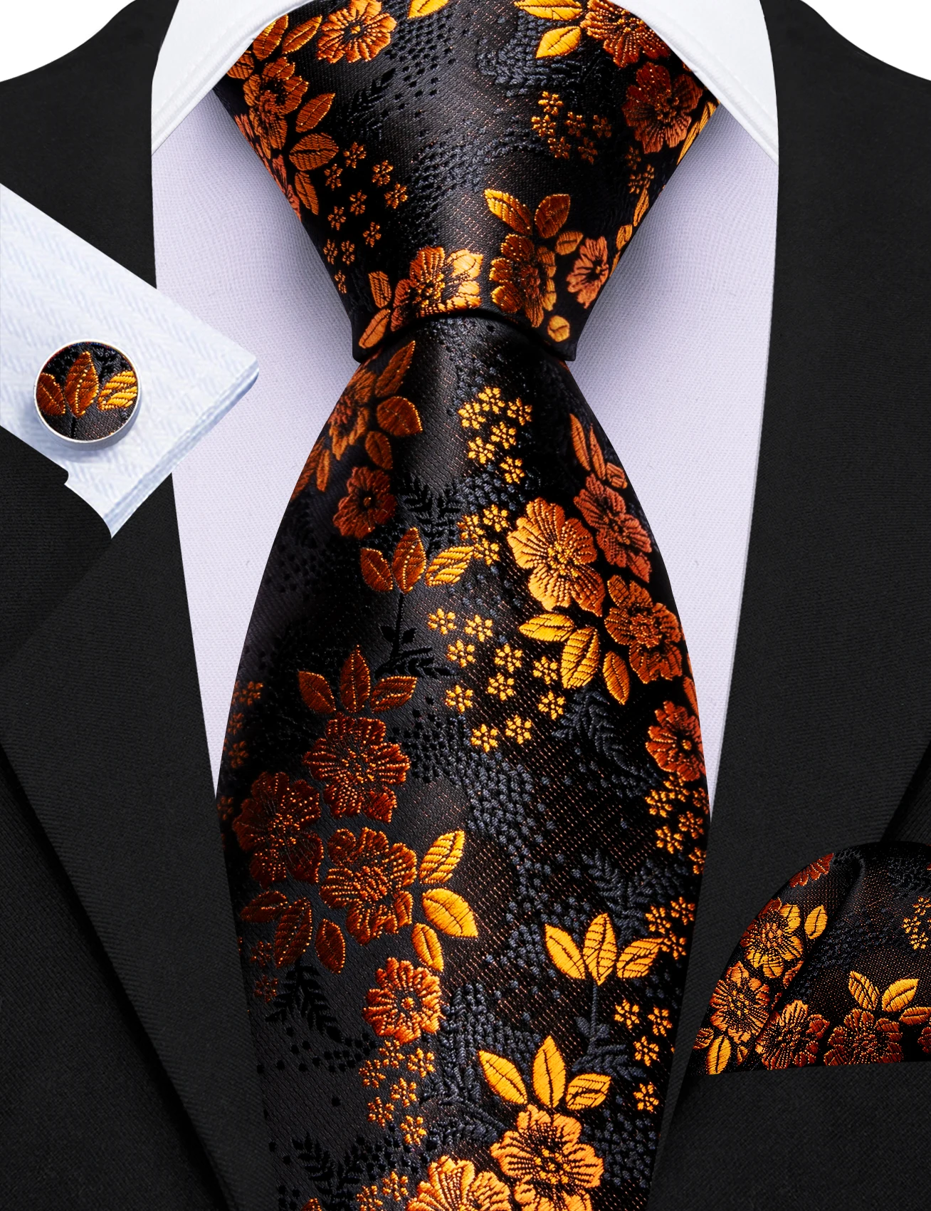 Designer Jacquard Blumen-Krawattenset für Herren Krawatte Einstecktuch Manschettenknöpfe 3-teiliges Set Formelle Hochzeit Business Party Anzug-Accessoires – Detail 6