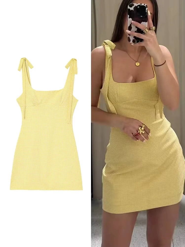 

robe à carreaux pour femmes, élégante, jaune, robe de soirée, bretelles avec nœud, Sexy, décontractée, courte, Slim, nouvelle c