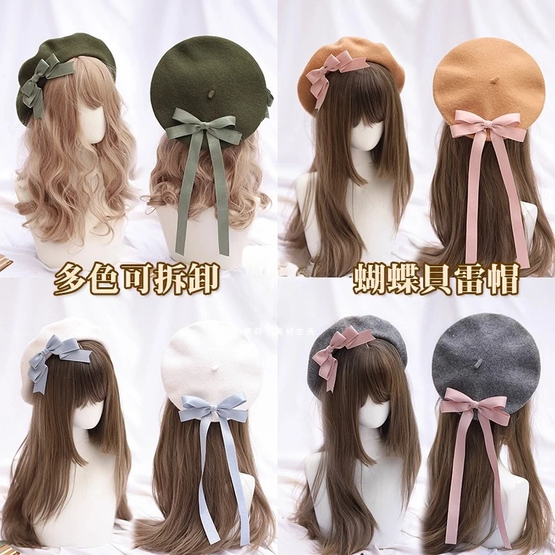 

Japanese Sweet Cute Autumn Winter Lolita Ribbon Beret Women's Daily Removable Multi-color Handmade Bow Bud Hat Painter Hat Girl