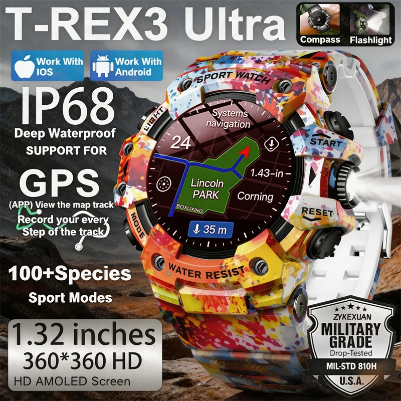 

2026 Rugged Sport Smart Watch Bluetooth Calls Colorful Waterproof Military Smartwatches with Flashlight SOS COMPASS for Phone