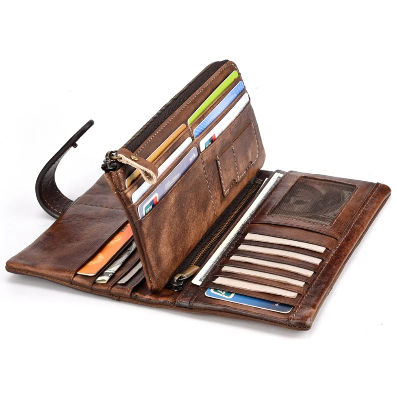 

Vintage Fashion Wax Oil Skin Long Purse Genuine Leather Notecase for Ladies Girls 2 Folds Long Wallet RIFD Men Wallet