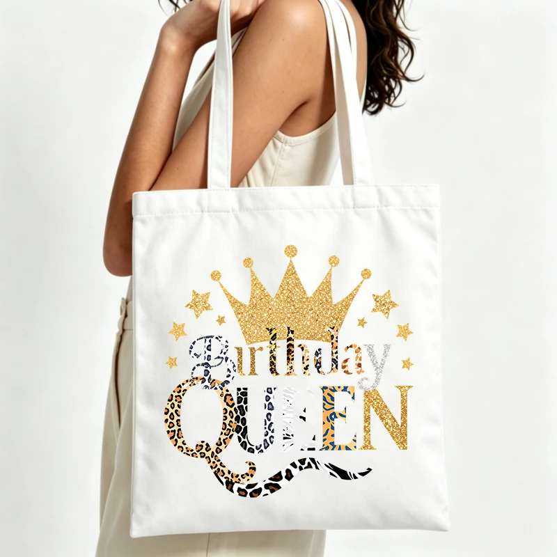 birthday queen crown and leopard print canvas tote bag, casual style for daily use and special occasions