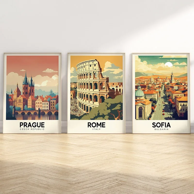 لوحة قماشية اسكندنافية لديكور غرفة المعيشة ، ملصقات ، مطبوعات ، صور ، فن جداري ، مدينة سفر ، روما ، صوفيا ، فيينا ، مدريد ، باريس #1
