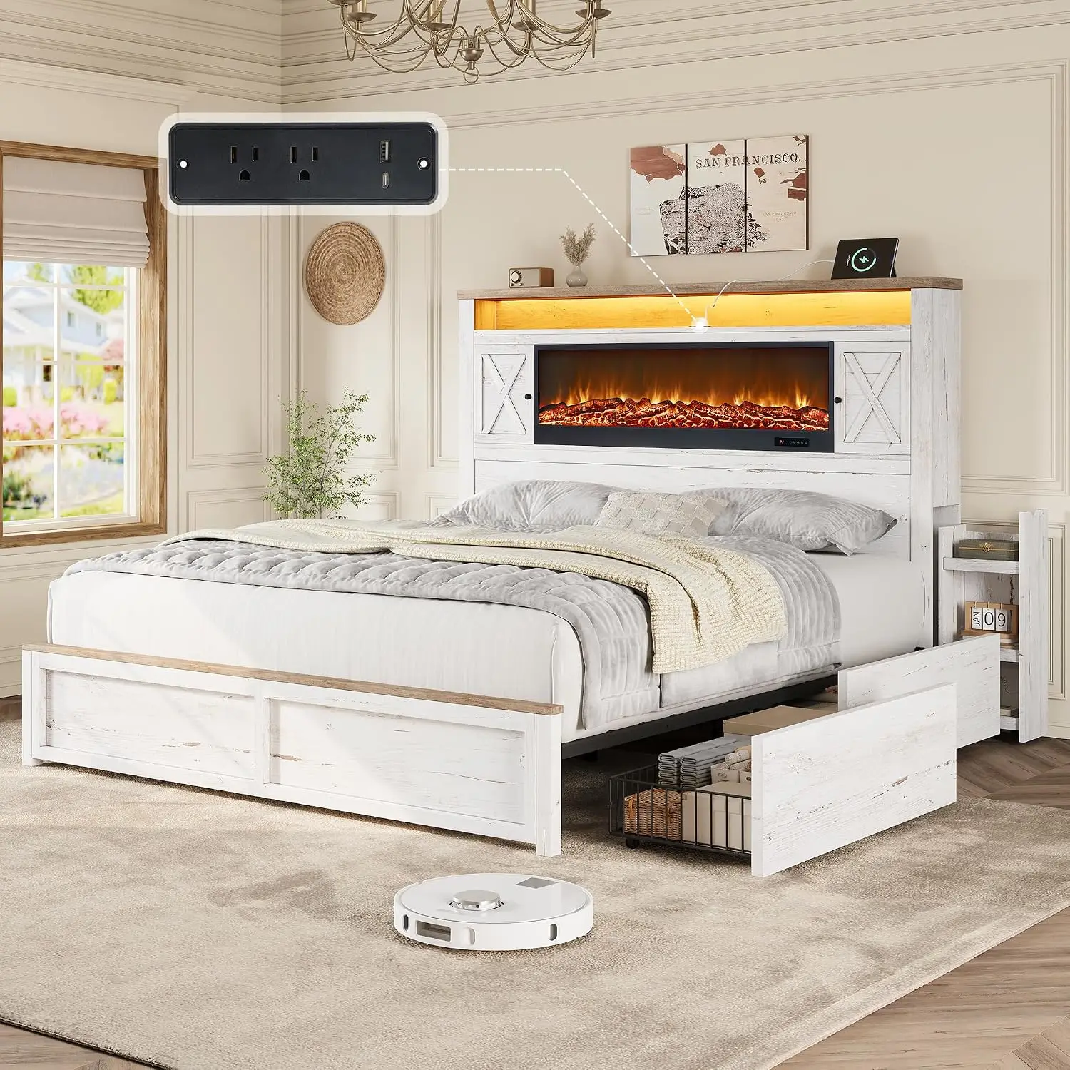King Fireplace Bed Frame with Headboard, Distressed White, Customized