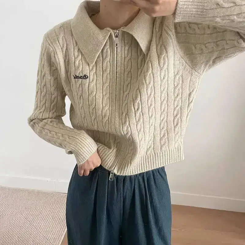 Lapel Twist Double Zipper Knitted Cardigan For Women In Winter New Slim Versatile Top Short Sweater Jacket