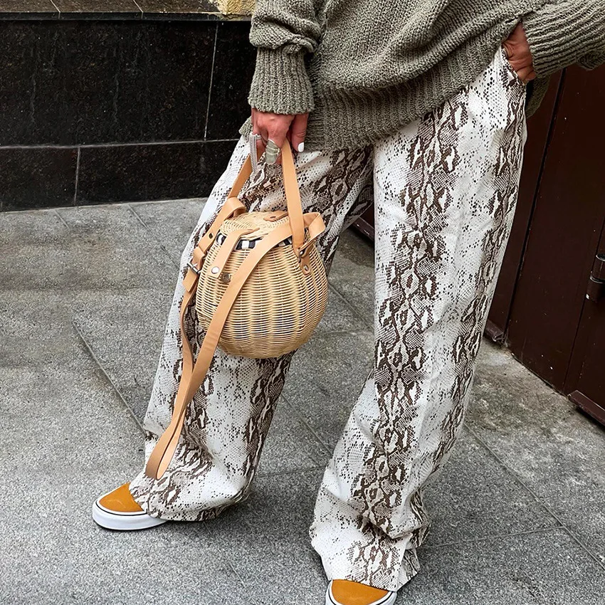 Seksowne spodnie damskie w wężowy wzór, luźne, z wysokim stanem, elastyczną talią, codzienne, długie spodnie, letnia moda, nowość, transgraniczne.