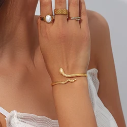 2023 New Stainless Steel Real Gold Plated Plaid Texture Adjustable Snake Gold Bangle For Woman Cuff Bracelets For Women