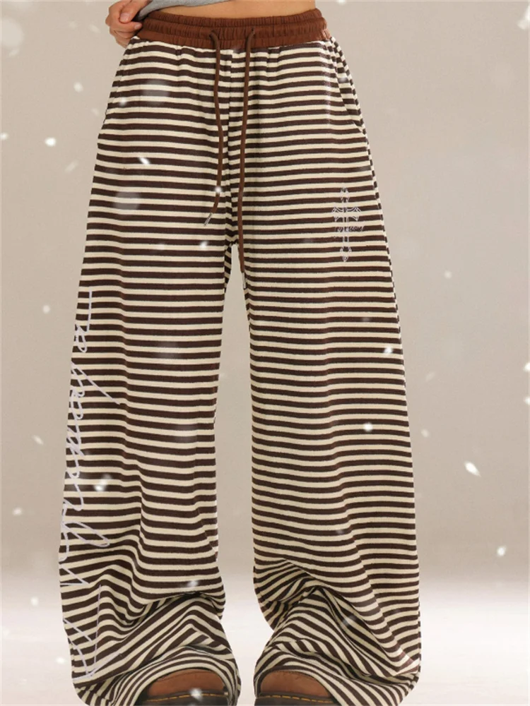 

Широкие брюки Snow Fleece Stripe American Vision для женщин, осенне-зимние, новые, с эластичной талией, свободные, струящиеся, повседневные
