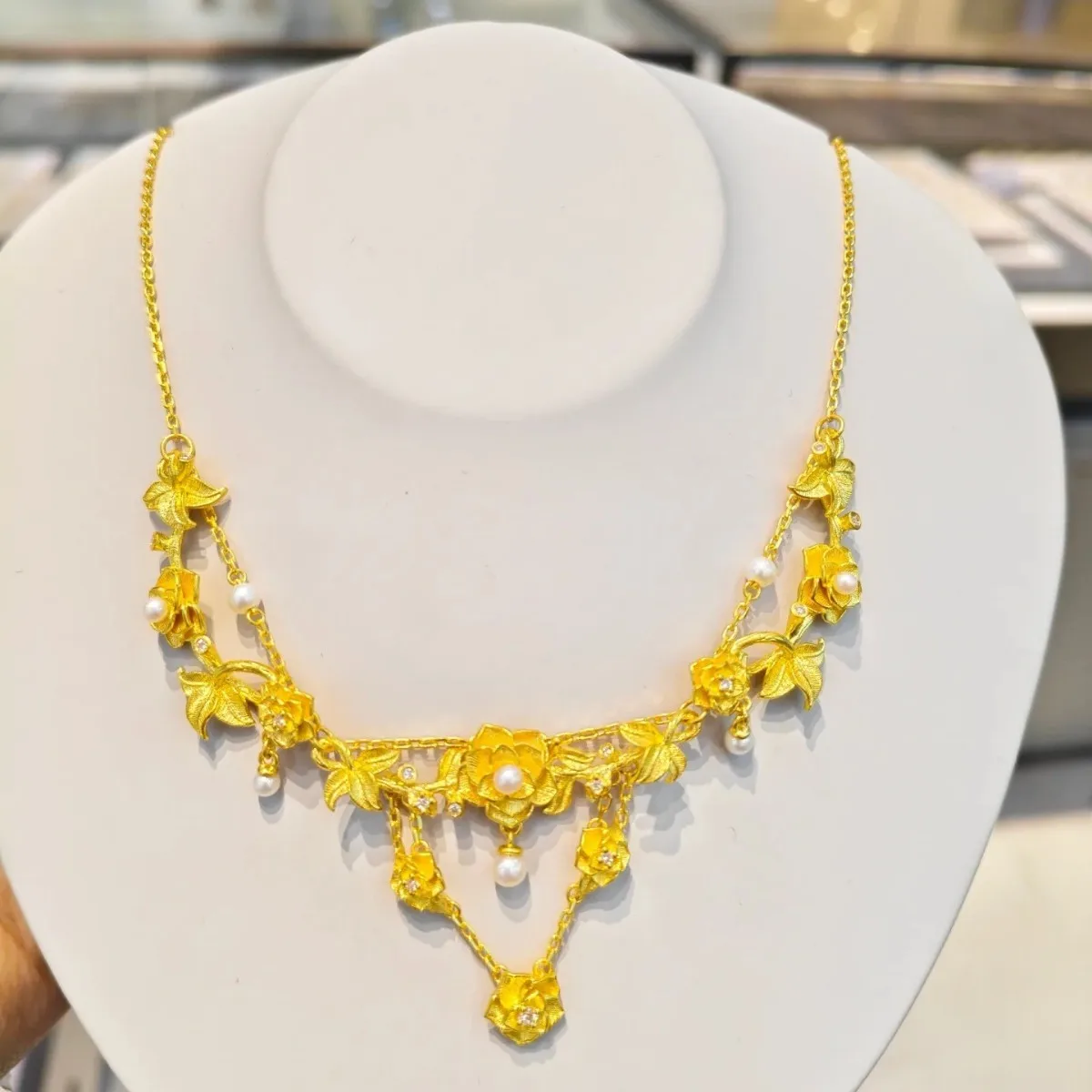 

Bridal Pearl Diamond Inlaid Necklace Women's 24K Gold AU999 - Pure gold bridal necklace, romance boost, ideal wedding gift